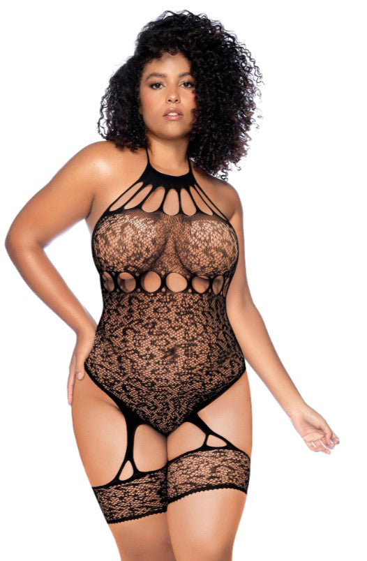 "Leopard Halter Fishnet Bodysuit - Curve Os - Black GE-1144XBKOS"